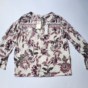 Lucky Brand Floral Long Sleeve Tie Neck Top in Purple and White Sz Small